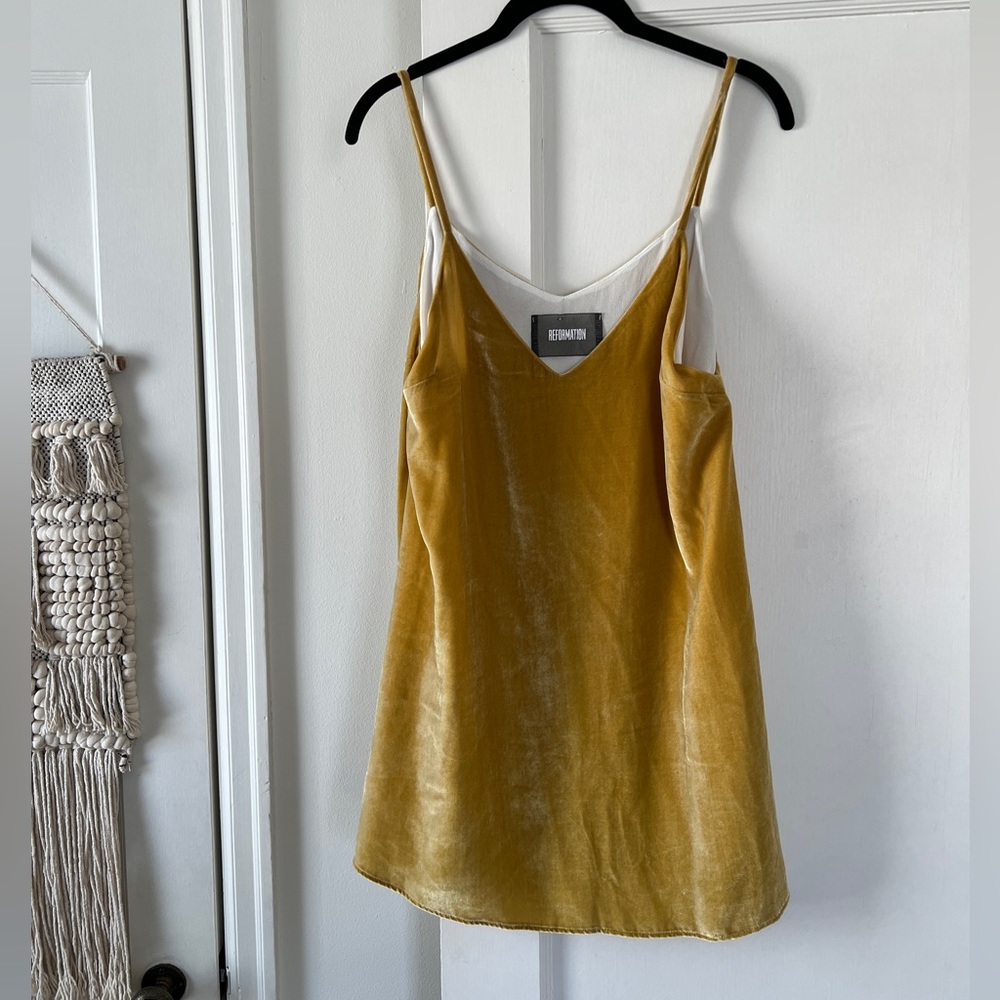NWOT Reformation Gold Velvet Mini Dress